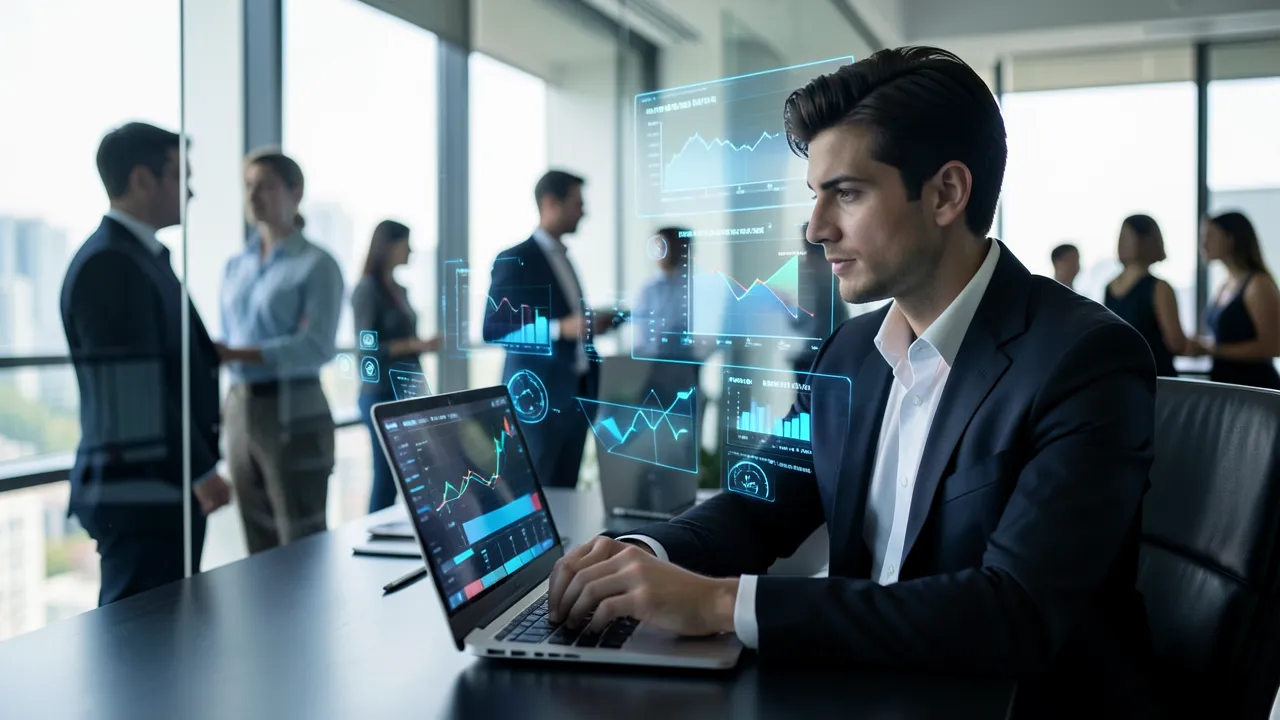 Eine Person arbeitet in einem modernen Büro an einem Laptop, über dem transparente Analyse-Visualisierungen schweben; im Hintergrund sind weitere Personen als Silhouetten zu sehen, im Vordergrund sind Laptop und Arbeitsumgebung scharf dargestellt.